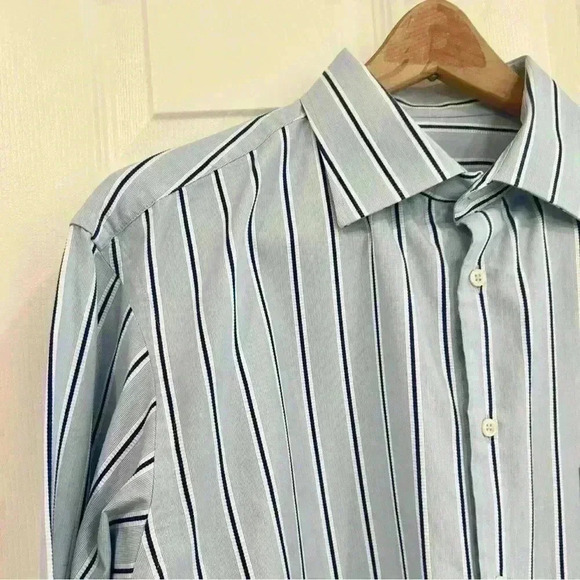 Harry & Sons Blue Striped Button Down Dress Shirt Size 17 34/35 Italian - Picture 3 of 6